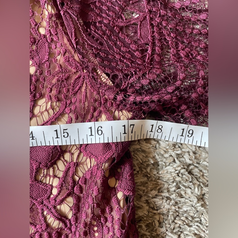 EXPRESS maroon lace short sleeve lace cropped top with nude lining Size Medium - Picture 7 of 12